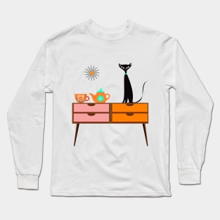 Mid Century Cat with a Cup of Tea Sitting on a Retro Table. Long Sleeve T-Shirt